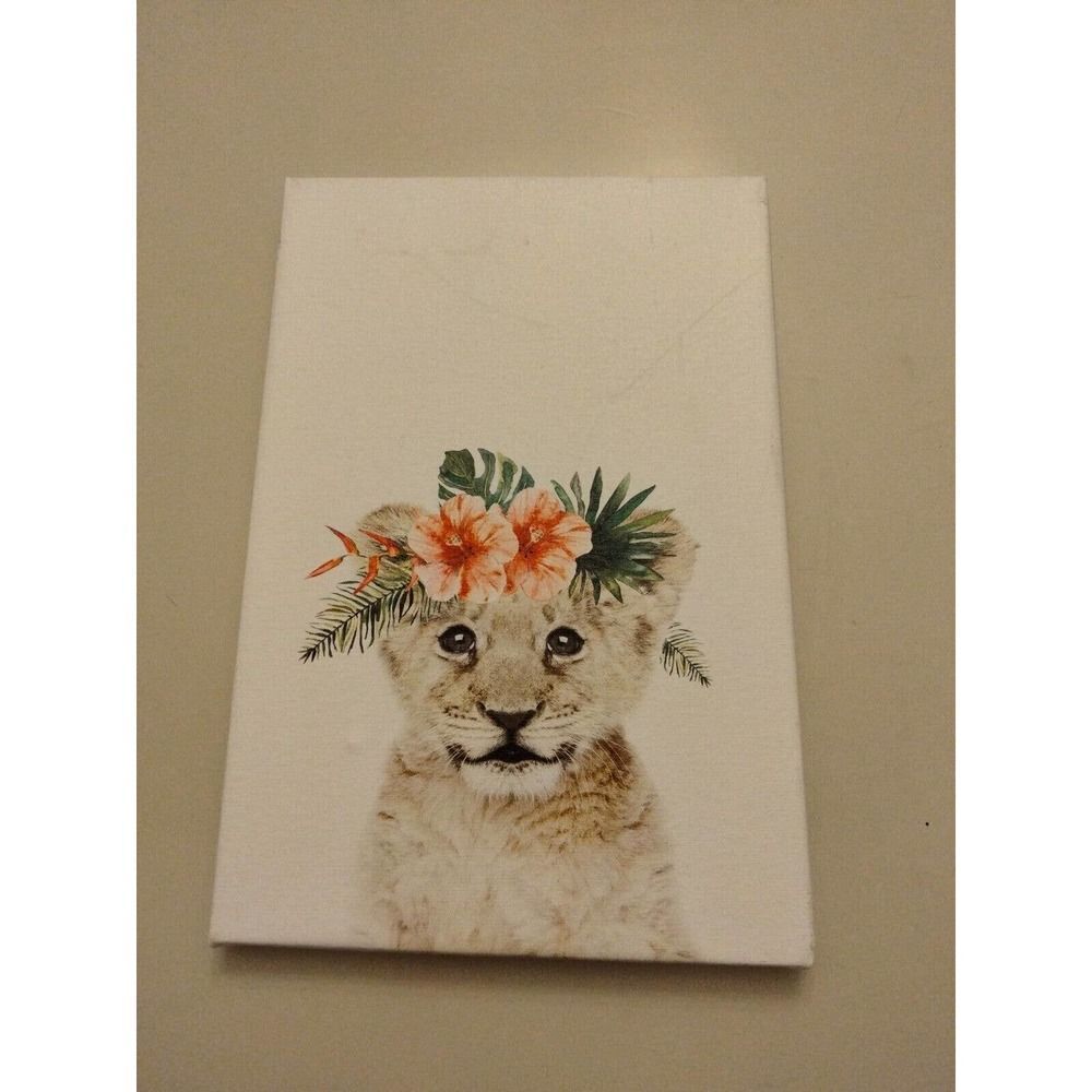 Hand Crafted By Monica M. Baby Lion With Flower Halo Wall Canvas 12" X 8.25"